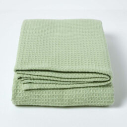 Homescapes Organic Cotton Waffle Blanket/ Throw Sage Green, 178 X 228 Cm - thumbnail 2