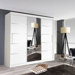 Modern Oslo Mirror Sliding Door Wardrobe With Hanging Rails & Shelves (White, 250Cm) - thumbnail 1
