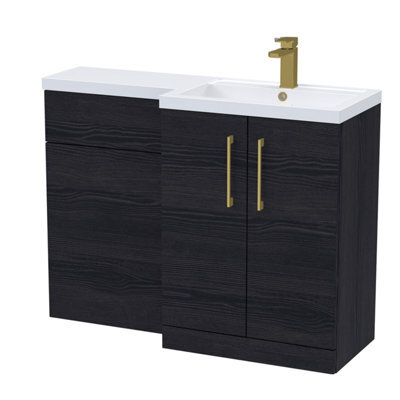 Balterley Right-Hand Bathroom Vanity And Wc Unit Combination With Basin - 1100mm - Woodgrain Black With Brushed Brass Handles - image 1