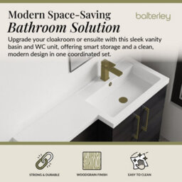 Balterley Right-Hand Bathroom Vanity And Wc Unit Combination With Basin - 1100mm - Woodgrain Black With Brushed Brass Handles - thumbnail 2