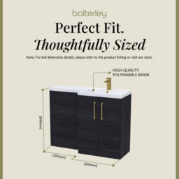 Balterley Right-Hand Bathroom Vanity And Wc Unit Combination With Basin - 1100mm - Woodgrain Black With Brushed Brass Handles - thumbnail 5