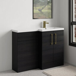 Balterley Right-Hand Bathroom Vanity And Wc Unit Combination With Basin - 1100mm - Woodgrain Black With Brushed Brass Handles - thumbnail 4