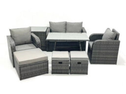 Fimous Outdoor Garden Furniture Set Rattan Sofa Dining Table Set With Reclining Chair 3 Footstool Side Table Dark Grey Mixed - thumbnail 1