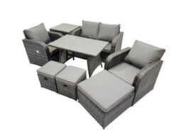Fimous Outdoor Garden Furniture Set Rattan Sofa Dining Table Set With Reclining Chair 3 Footstool Side Table Dark Grey Mixed - thumbnail 8