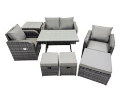 Fimous Outdoor Garden Furniture Set Rattan Sofa Dining Table Set With Reclining Chair 3 Footstool Side Table Dark Grey Mixed - thumbnail 9