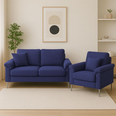 Kosy Koala Modern Blue Sofa 2 1 Seater Set Fabric With Chrome Feet - Comfortable Couch With Cushion For Living Room, Bedroom Or Office - image 1