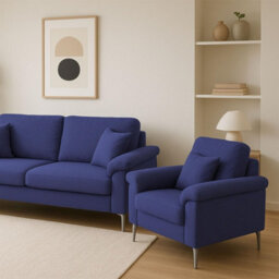 Kosy Koala Modern Blue Sofa 2 1 Seater Set Fabric With Chrome Feet - Comfortable Couch With Cushion For Living Room, Bedroom Or Office - thumbnail 9