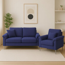 Kosy Koala Modern Blue Sofa 2 1 Seater Set Fabric With Chrome Feet - Comfortable Couch With Cushion For Living Room, Bedroom Or Office - thumbnail 1