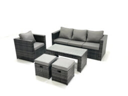 Fimous Rattan Garden Furniture Set Outdoor Lounger Sofa With Coffee Table Armchair 2 Small Footstools Dark Grey Mixed - thumbnail 2