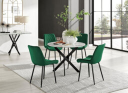 Furniturebox Uk Novara White Marble Black Leg Round Dining Table & 4 Green Pesaro Black Leg Chairs
