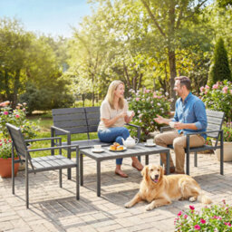 Outsunny 4 Piece Garden Furniture Set, Hdpe Metal Outdoor Sofa, Dark Grey - thumbnail 9