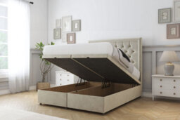 "Sloomy Montana Cream Plush Ottoman Bed With Mattress With 54"" Floor Standing Headboard 4'6 Double" - thumbnail 2