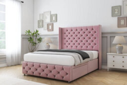 "Sloomy Luthor Pink Plush Divan Bed Base 2 Drawers Foot-End-54"" Wingback Headboard & 12"" Footboard 4' Small Double" - thumbnail 3