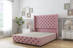 "Sloomy Luthor Pink Plush Divan Bed Base 2 Drawers Foot-End-54"" Wingback Headboard & 12"" Footboard 4' Small Double"