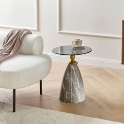 Wyld And Coco Side Table - Glossy Black Tempered Glass Top With Marble-Effect Iron Base, Round 40Cm - thumbnail 2