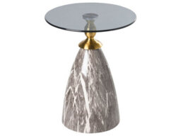 Wyld And Coco Side Table - Glossy Black Tempered Glass Top With Marble-Effect Iron Base, Round 40Cm - thumbnail 1
