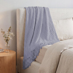 Living And Home Light Gray Diamond-Patterned Knitted Tassel Blanket, 130Cm L X 170Cm W - thumbnail 1