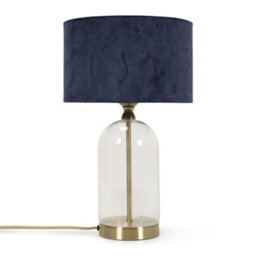 Valuelights Maja Glass And Gold Metal Bedside Table Lamp With A Navy Blue Velvet Lampshade