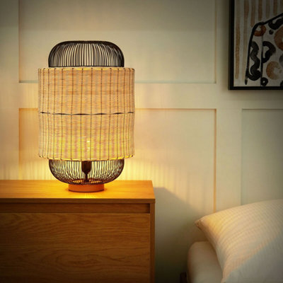 Beliani Natural Rattan Table Lamp With Black Metal Cage Shade, W35 X D35 X H55Cm - image 1
