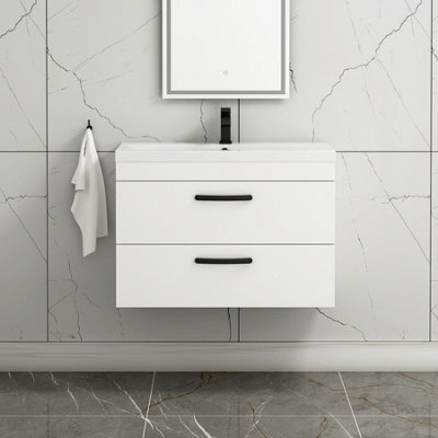 Royal Bathrooms Turin Gloss White 800mm Wall Hung Vanity Unit 2 Drawer With Mid-Edge Basin Sink & Matt Black Handles - image 1
