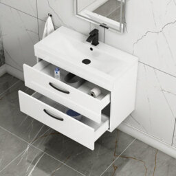 Royal Bathrooms Turin Gloss White 800mm Wall Hung Vanity Unit 2 Drawer With Mid-Edge Basin Sink & Matt Black Handles - thumbnail 3