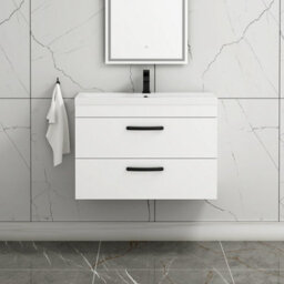 Royal Bathrooms Turin Gloss White 800mm Wall Hung Vanity Unit 2 Drawer With Mid-Edge Basin Sink & Matt Black Handles - thumbnail 1
