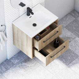 Royal Bathrooms Livora 600mm Natural Oak Wall Hung Bathroom Vanity Unit 2 Drawer Storage With Ceramic Basin & Matt Black Handle - thumbnail 4