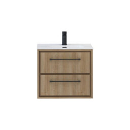 Royal Bathrooms Livora 600mm Natural Oak Wall Hung Bathroom Vanity Unit 2 Drawer Storage With Ceramic Basin & Matt Black Handle - thumbnail 5