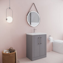 Balterley Belvide Partial Fluted 2 Door Floor Standing Vanity Unit With Mid-Edge 1 Tap Hole Ceramic Basin - 600mm - Satin Grey - thumbnail 4