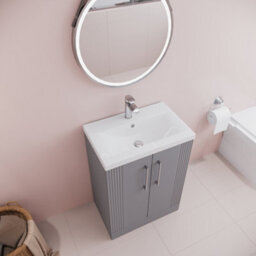 Balterley Belvide Partial Fluted 2 Door Floor Standing Vanity Unit With Mid-Edge 1 Tap Hole Ceramic Basin - 600mm - Satin Grey - thumbnail 5