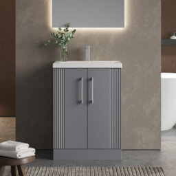 Balterley Belvide Partial Fluted 2 Door Floor Standing Vanity Unit With Mid-Edge 1 Tap Hole Ceramic Basin - 600mm - Satin Grey - thumbnail 2