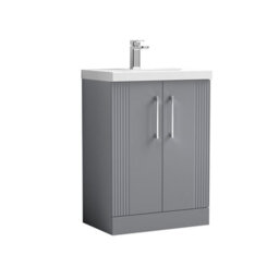Balterley Belvide Partial Fluted 2 Door Floor Standing Vanity Unit With Mid-Edge 1 Tap Hole Ceramic Basin - 600mm - Satin Grey