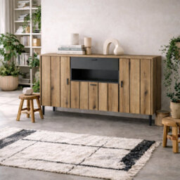 Wyld Haus Nightbloom Grey And Oak Effect Panelled Sideboard 3 Door 1 Drawer