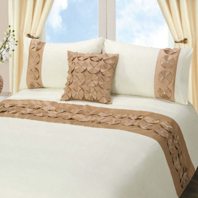 Intimates Elegant Faux Silk Duvet Cover & Pillowcase Set - Diamante Design, Button Enclosure, Smooth Finish, And Easy-Care Fabric - Latte
