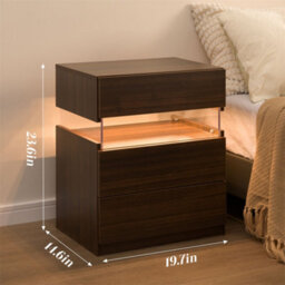 Abrihome Led Nightstands, Acrylic Board Led Bedside Tables For Bedroom End Table, With 3 Drawer Dresser, Walnut - thumbnail 3