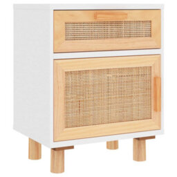 Berkfield Bedside Cabinet White Solid Wood Pine And Natural Rattan - thumbnail 2
