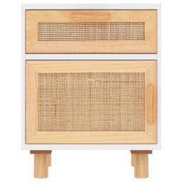 Berkfield Bedside Cabinet White Solid Wood Pine And Natural Rattan - thumbnail 4