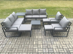 Fimous Aluminium Outdoor Garden Furniture Set Patio Lounge Sofa With Coffee Table Side Table 2 Armchairs 3 Footstools - thumbnail 2