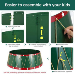 Green Drum Christmas Tree Skirt With Gold Bands & Stars 8-Piece Easy Assembly - thumbnail 7