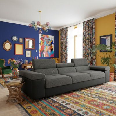 Torezio 3 Seater Sofa Bed Has Adjustable Headrests And Dolphin Mechanism Black And Grey - image 1
