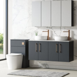 Nuie Arno Wall Hung 4-Door Vanity Unit & Laminate Worktop In Bellato Grey, Modern Counter Top Vanity Unit In Soft Black - thumbnail 2