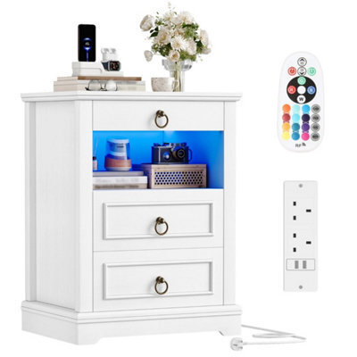 White Nightstand With Led Ambient Light, Vintage 3 Drawer Bedside Storage Cabinet - image 1