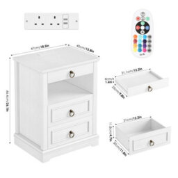 White Nightstand With Led Ambient Light, Vintage 3 Drawer Bedside Storage Cabinet - thumbnail 2