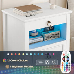 White Nightstand With Led Ambient Light, Vintage 3 Drawer Bedside Storage Cabinet - thumbnail 6