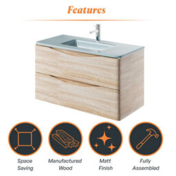 Plum&clay Eden Light Oak Wall Hung Vanity Unit With White Glass Basin (W)900mm - thumbnail 8