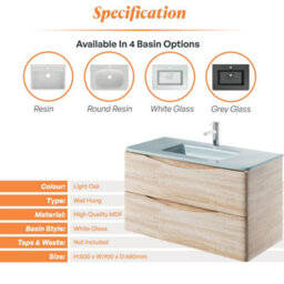 Plum&clay Eden Light Oak Wall Hung Vanity Unit With White Glass Basin (W)900mm - thumbnail 7