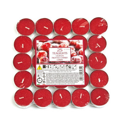 Aladino 4 Hour Tealight Candles - Pack Of 25 - Frosted Cherries Scented Tealights - Long Lasting Fragranced Candles For Home