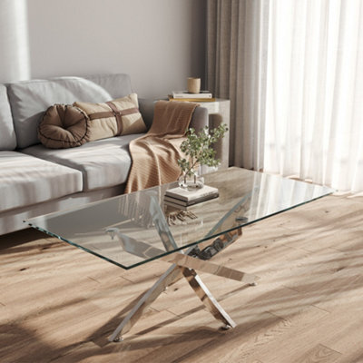 Living And Home Modern And Futuristic Clear Glass Top Coffee Table With Chrome Legs 1200X600mm - image 1