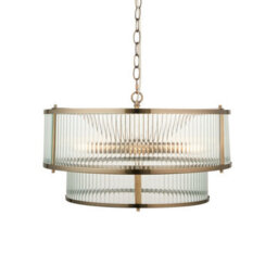 Luminosa Lighting Luminosa Ridgeton Cylindrical Pendant Ceiling Light Antique Brass Plate & Clear Ribbed Glass 5X E14 - thumbnail 1