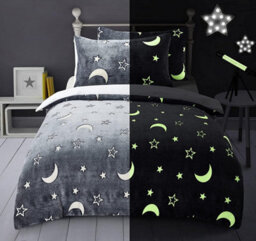 Homes & Linen Moons & Stars Glow In The Dark Grey Kids Boys Girls Grey Reverse Soft Feel Fleece Duvet Cover Quilt Bedding Set With Pillowcases